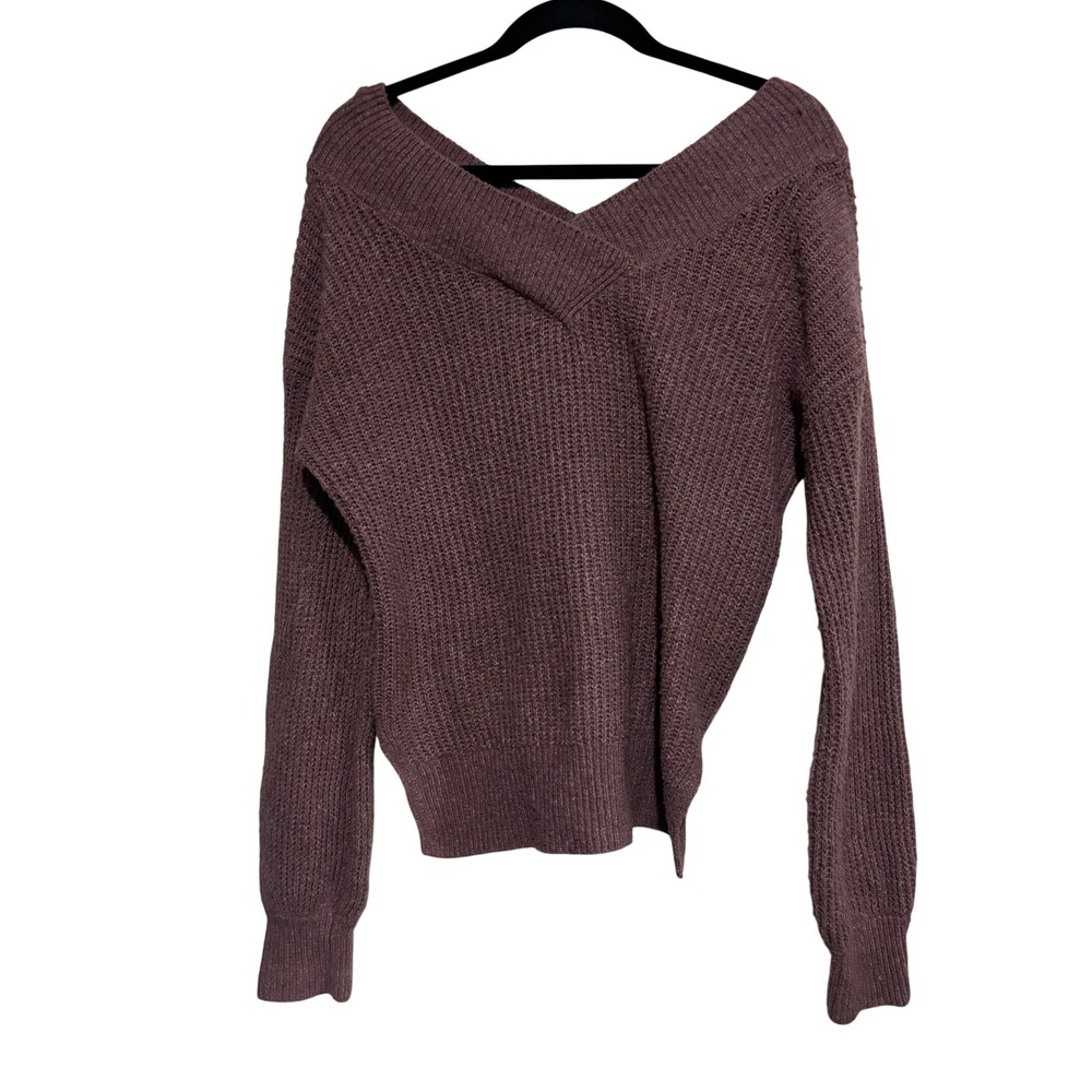 Pink Rose Mauve Off The Shoulder Knit Crossover V-Neck Sweater Long Sleeve - Picture 3 of 5